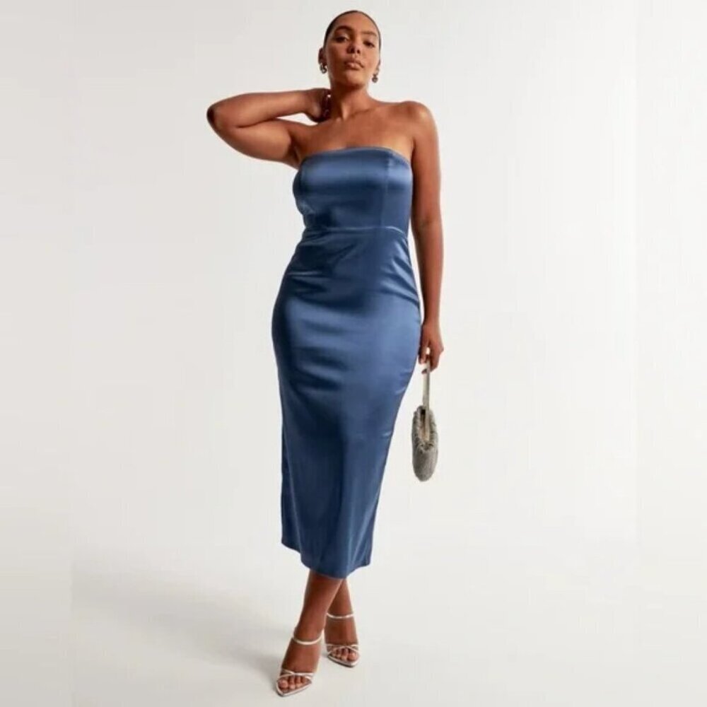 Abercrombie & Fitch Stretch Satin Strapless Maxi Dress Blue Size Large - Picture 2 of 13